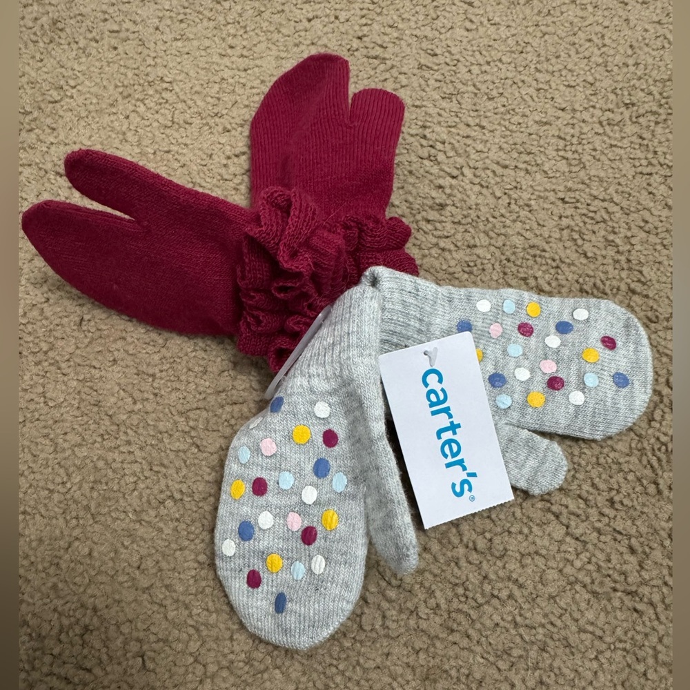 New Carter's Girls Mittens - 2 Pairs Red and Gray with Dots. 2T-4T